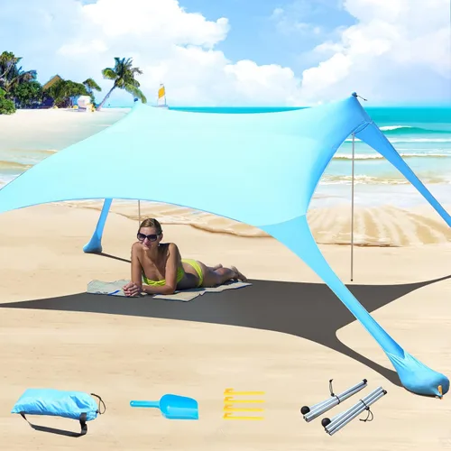 Tienda de campaña de playa de 77 pies con protección UV UPF50+, toldo al aire libre con 2 postes para camping, pesca, patio trasero y pícnics con