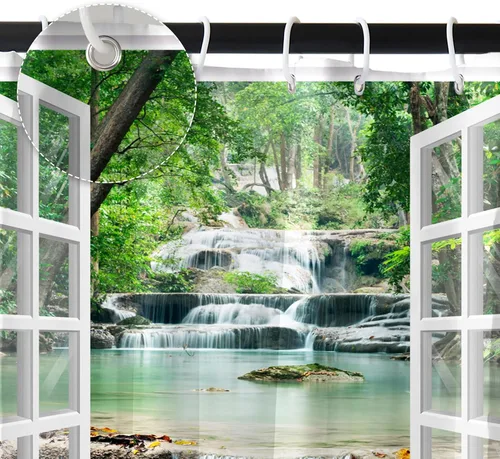 Miniatura 6 de Renaiss Cortina de Ducha de Cascada de Bosque de 72x72 Pulgadas Árbol Verde Agua Lago Selva Tropical Bosque Ventana de Madera Blanca Paisaje Natural