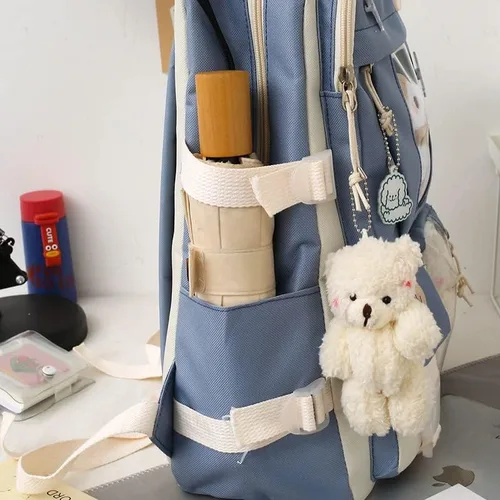 Miniatura 9 de Mochila de viaje para mujer, 5 unidades, diseño de oso con diseño de dibujos animados, alfileres de alta capacidad, ligero, kawaii, preppy, mochila