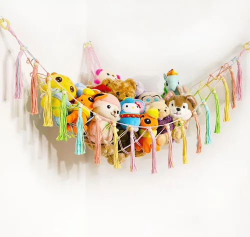 Miniatura 10 de MAKEONEWO Hamaca de Juguete de Peluche Colgante - Hecha a Mano, Organizador Grande de Macramé Rosa, Soporte de Red de Esquina para Juguetes de Rosa