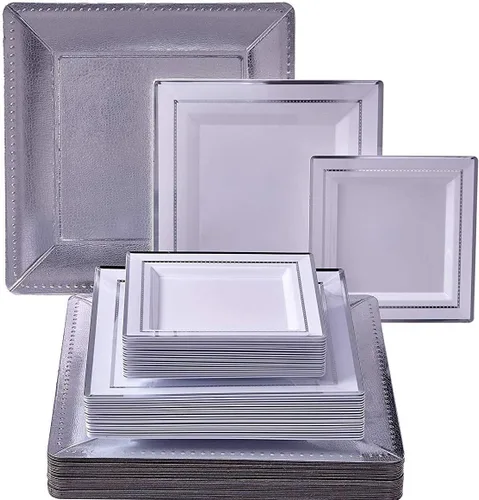 Silver Spoons Juego de vajilla todo incluido | 20 platos de carga | 20 platos llanos | 20 platos laterales (colección cuadrada deslumbrante -