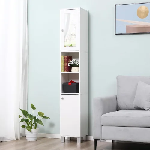 Miniatura 8 de kleankin Armario alto de almacenamiento de baño con espejo, gabinete de torre independiente de madera con estantes ajustables para baño o sala