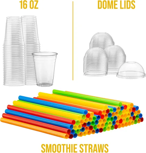 Miniatura 4 de Vasos de PET transparentes con tapas de cúpula y pajitas para café helado, batido, bebidas frías, tazas de granizado, batidos, batidos, helado