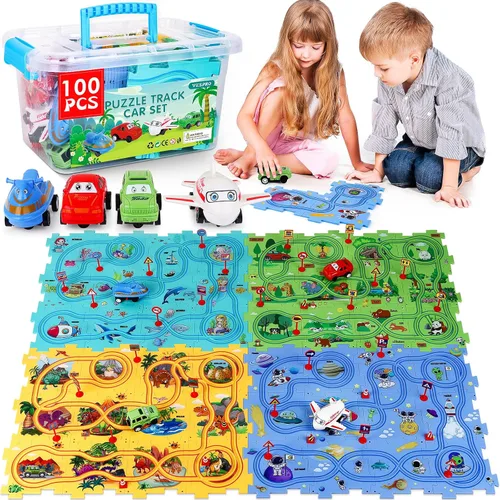 VESPRO Juego de pista de autos para niños de 100 piezas - 4 series de rompecabezas de carreras para niños pequeños, juguetes educativos para niños y