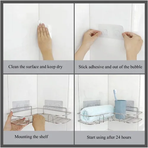 Miniatura 8 de Paquete de 2 organizadores de ducha esquineros, estante adhesivo de baño montado en la pared, estante de baño de acero inoxidable, organizador