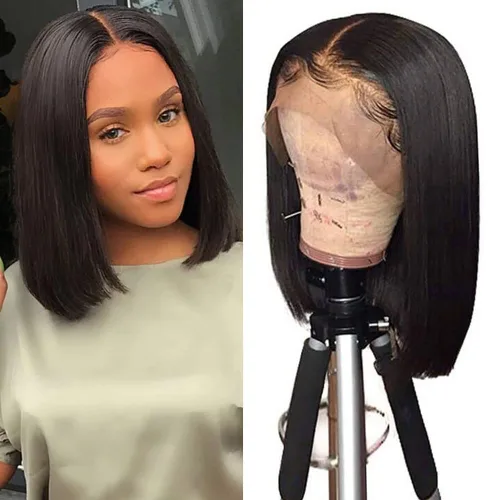 Miniatura 9 de Spotlight Pelucas de cabello humano lacio con encaje frontal de 4 x 4 para mujeres negras, densidad del 180 %, peluca con cierre de encaje virgen