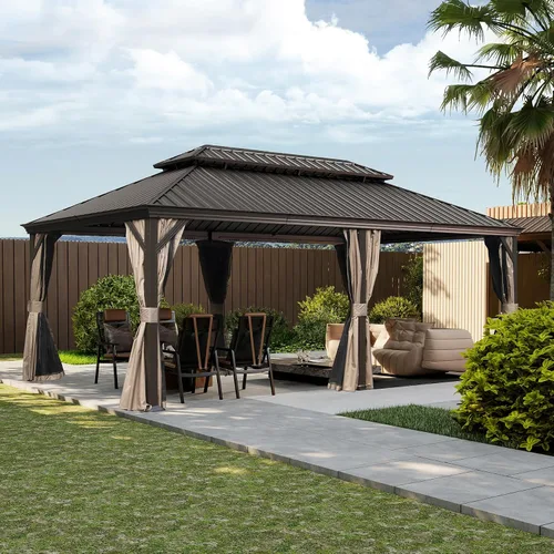 Miniatura 33 de Domi - Cenador de techo rígido de 8 x 8 pies con malla y cortinas, cenador para exteriores con techo doble de acero galvanizado para patio, césped