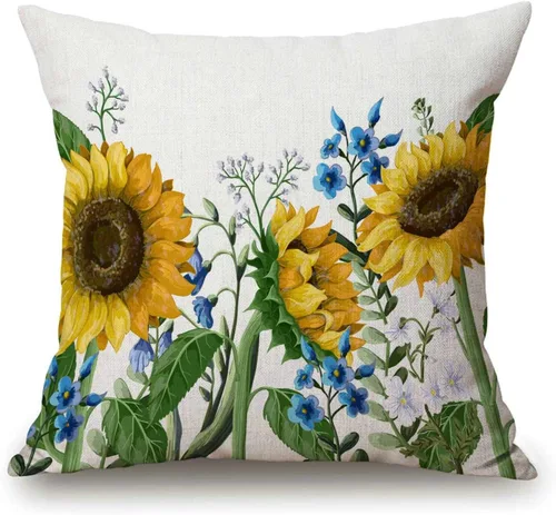 Solekla Funda decorativa de almohada decorativa de verano, diseño de girasoles amarillos, flores azules, acuarela, funda de cojín para el hogar,