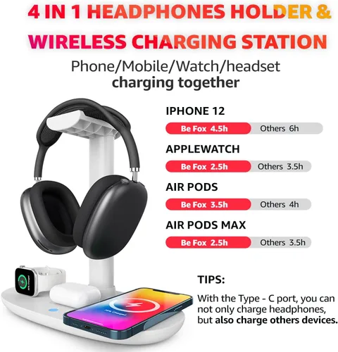 Miniatura 5 de Cargador inalámbrico 4 en 1 con soporte para auriculares para iPhone 17 16 15 14 13 12 Pro Max, Apple Watch 11 10 Ultra SE, AirPods Max 4 y Samsung