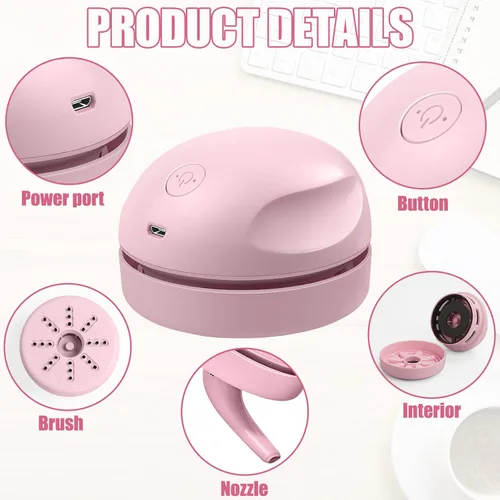Miniatura 3 de prowithlin Aspiradora de escritorio portátil, carga USB, rosa, la mejor para limpiar polvo, migas, piano, ordenador, coche, etc.