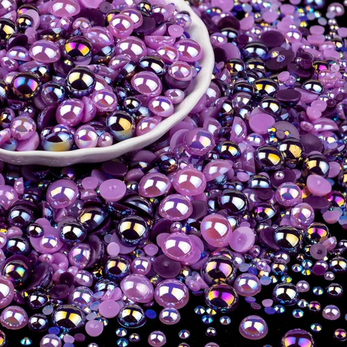 Miniatura 38 de 100g de cuentas de perlas planas y diamantes de imitación, 1-Rosa y blanco, tamaño mixto de 3-10mm, resina, diamantes de imitación y medias perlas
