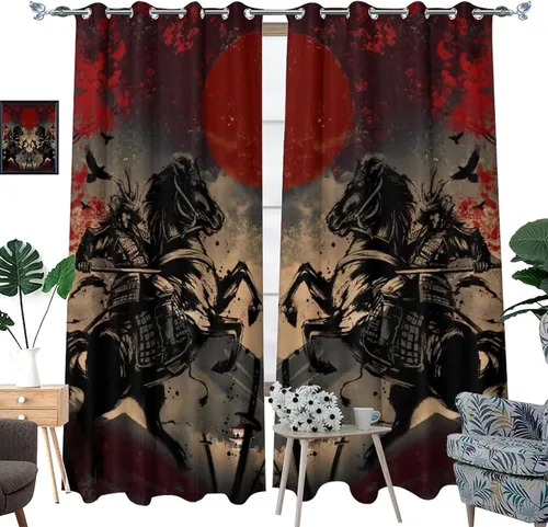 Miniatura 3 de Cortinas opacas abstractas japonesas samuráis para dormitorio, caballo samurái rústico, rojo, ojal, aislamiento térmico, cortinas de oscurecimiento