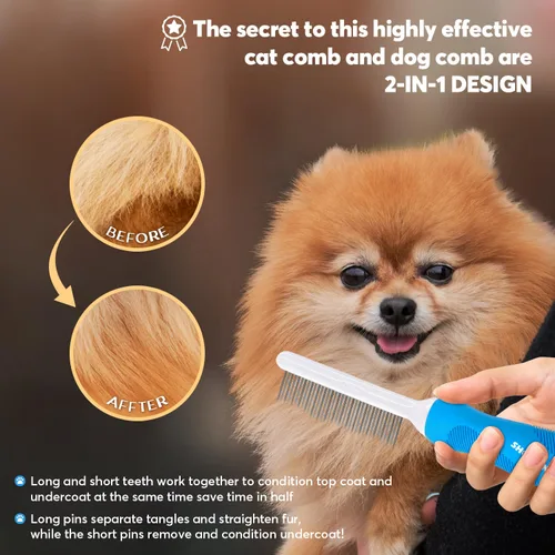 Miniatura 4 de Peine desenredante de aseo para mascotas para perros y gatos con dientes metálicos largos y cortos de acero inoxidable para eliminar enredos