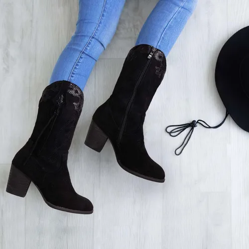 Miniatura 4 de SHIBEVER Botas vaqueras vaqueras para mujer botas occidentales negras para mujer, tacón alto, gamuza, cremallera, media pantorrilla