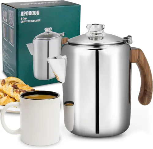 Miniatura 10 de APOXCON Cafetera de acero inoxidable con mango de madera maciza ignífuga y perilla de progreso de cerveza transparente de vidrio resistente, olla
