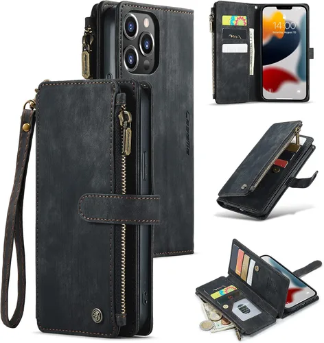 Miniatura 11 de Funda compatible con iPhone 13 Pro Max 5G con tarjetero y función atril magnético, con cremallera, bolsillo, correa de muñeca, funda de cuero