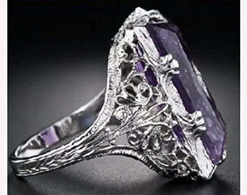 Miniatura 3 de Yuren Anillo de plata 925 con gemas de amatista grande para mujer, talla 6-10 (código de EE. UU. 10), Plata