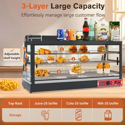 Miniatura 5 de Calentador de alimentos comercial de 3 estantes con estante superior, calentadores de encimera de 44 pulgadas, caja caliente para pizza/pretzel