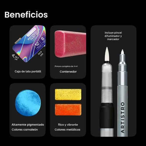 Miniatura 6 de ARTISTRO Juego de 18 pinturas de acuarela metálicas, juego de paleta que incluye 12 acuarelas metálicas con purpurina y 6 colores camaleón. Juego