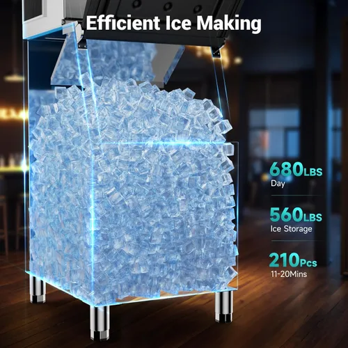 Miniatura 2 de Máquina de hielo comercial de 680 libras/24 horas con contenedor de almacenamiento de 560 libras, lista para hielo en 8-15 minutos, aprobación ETL