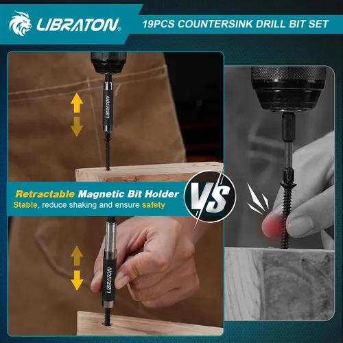 Miniatura 7 de Libraton Juego de Brocas Avellanadoras, 19 Piezas Brocas Cónicas para Carpintería, Broca Avellanadora Cortador de Tapones de Madera Portabrocas