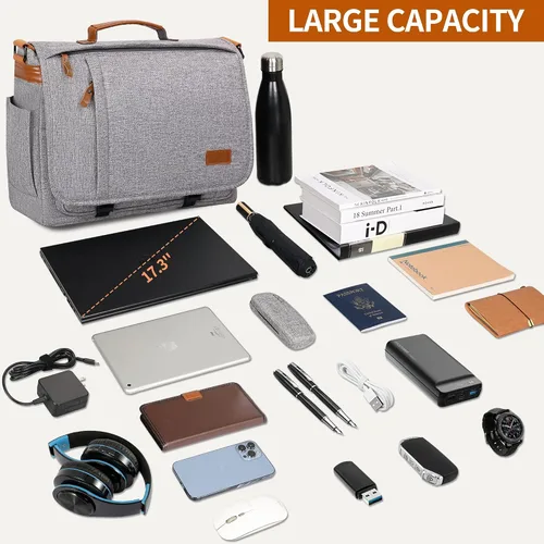 Miniatura 4 de ESTARER Bolsa de mensajero para laptop de 13 a 14 pulgadas, resistente al agua, bolsa de hombro de lona para universidad de negocios, gris