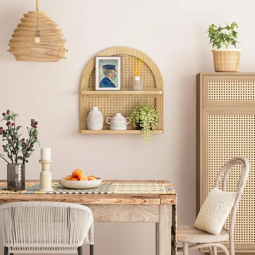 Miniatura 2 de Estante de pared de ratán bohemio de madera, estante flotante de mimbre arqueado de 2 niveles, estante bohemio de madera natural, estantes rústicos