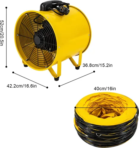 Miniatura 7 de Ventilador de ventilador utilitario, 16 pulgadas, 1100 W, 2160 y 3178 CFM, ventilador de alta velocidad con manguera de conducto de 32.8 pies