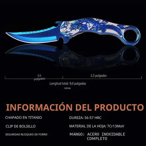 Miniatura 4 de Vividstill Cuchillo de bolsillo para hombres, cuchillo plegable genial con relieve de dragón azul en 3D, gran regalo de cuchillo EDC para hombres