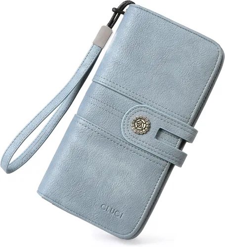 CLUCI Cartera grande de cuero para mujer, organizador de tarjetas de diseñador largo para mujer, Azul, Vintage