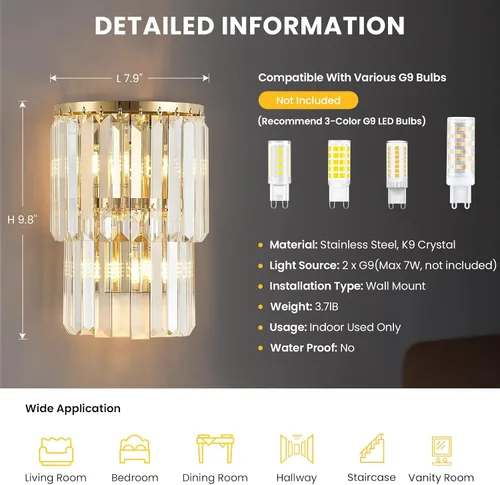 Miniatura 6 de Siljoy Lámpara de pared moderna de cristal de 2 niveles, lámpara de pared de cristal de 2 niveles, espejo dorado de acero inoxidable K9, aplique
