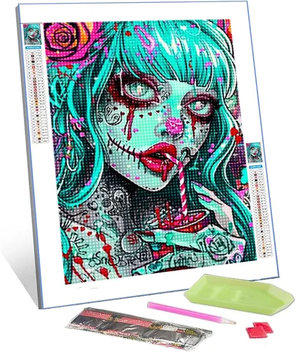 Miniatura 10 de Pintura de diamantes de calavera de azúcar 5D, kit de numeración de maquillaje de esqueleto de moda, arte de pared de rosa roja, arte de pared