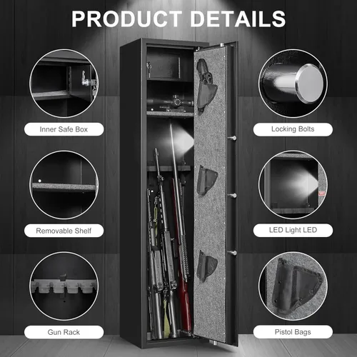 Miniatura 4 de Marcree Caja fuerte biométrica para pistola de rifles, de acceso rápido para 5 pistolas con caja de bloqueo, caja fuerte para pistola larga