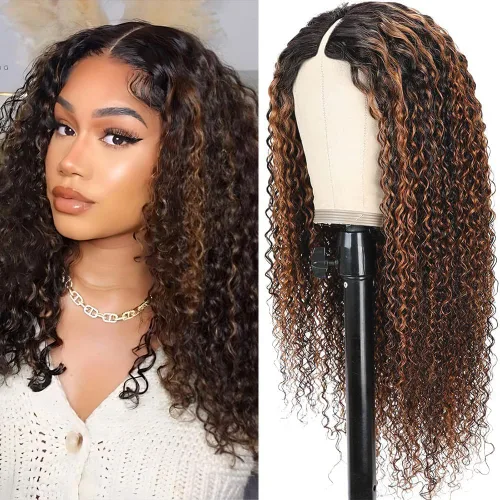 Miniatura 21 de Pelucas de Raya en V Rizadas con Forma de V para Mujeres Negras, Sin Mechas Fuera, Mejora de Raya en U, Sin Pegamento, Peluca Completa con Clip