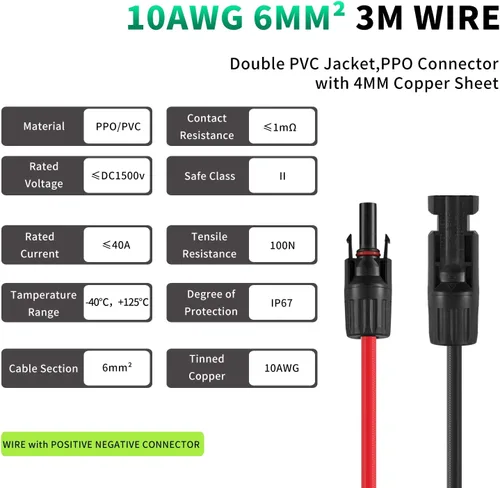 Miniatura 2 de Cable de extensión solar de 20 pies, cable de panel solar de 10 AWG de conexión profesional conectores hembra y macho, alambre de cobre estañado