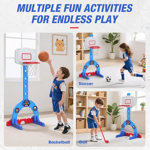 Miniatura 2 de HYES Aro de baloncesto para niños pequeños, centro de actividades deportivas 3 en 1 con portería de fútbol, juego de golf, aro de baloncesto