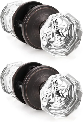 Miniatura 10 de Gobrico Pomo de puerta de cristal para dormitorio y baño con roseta clásica negro mate, diamante transparente octogonal para puerta interior, 1