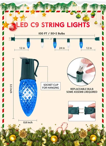 Miniatura 2 de Luces de Navidad para exteriores, cadena de luces LED de 100 pies con bombillas C9 de fresa azul y blanca, impermeable, conectable, certificado UL