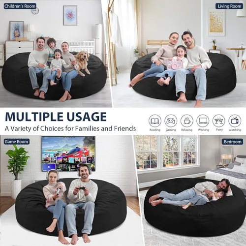 Miniatura 84 de Puf de 5 pies, puf grande con relleno de espuma viscoelástica, sofá puff esponjoso con funda de terciopelo holandés, puf redondo para sala de estar