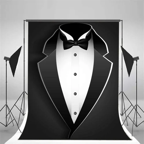 Miniatura 3 de BJRLEM998 - Telón de fondo de esmoquin negro de 3 x 5 pies para hombre, traje de pajarita en blanco y negro, traje de lujo, cumpleaños, cena