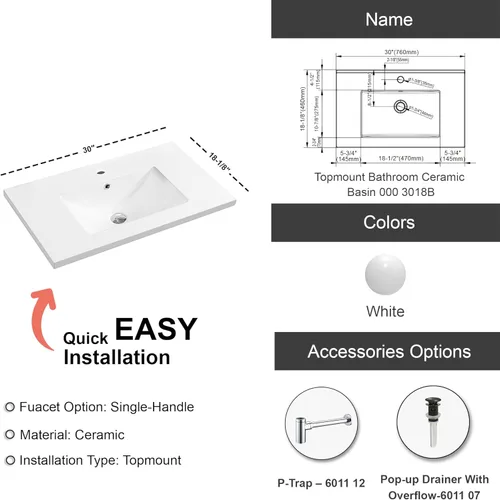 Miniatura 8 de Dowell - Fregadero de baño de 30 pulgadas, lavabo de cerámica de tocador de un solo cuenco, fregadero rectangular con desbordamiento, blanco-000