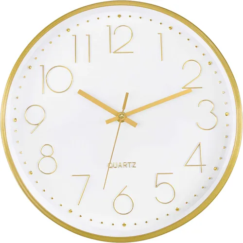 Reloj de pared Foxtop dorado de 12 pulgadas, silencioso, sin tictac, funciona con pilas, redondo, de cuarzo, moderno, para oficina, sala de estar,