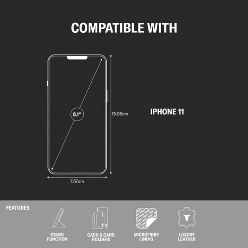 Miniatura 2 de TORRO Funda de cuero compatible con iPhone 11 – Funda de piel auténtica con tarjetero y función atril (negro)