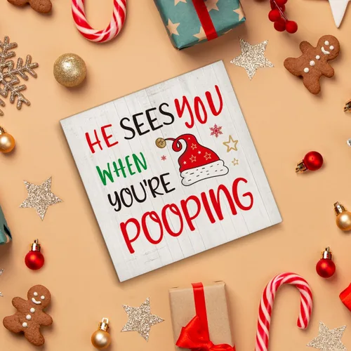 Miniatura 4 de Decoraciones de Baño de Navidad - Decoración Divertida de Navidad, Él Te Ve Cuando Estás Haciendo Popó Letrero de Madera de Baño, Decoración