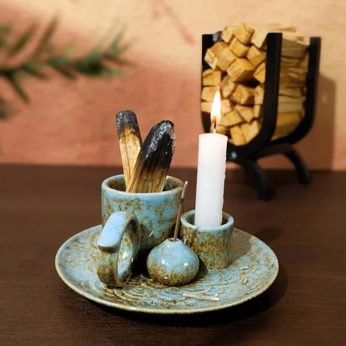 Miniatura 4 de MOUGIGI Quemador/Soporte de Palo Santo de Cerámica 5 en 1 Azul - Pequeño Portavelas y Bandeja/Cuenco para Quemar Sahumerios, Compatible con Plato