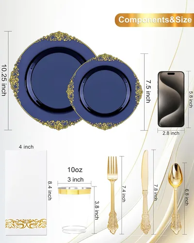 Miniatura 9 de Nervure 175 piezas de vajilla de plástico azul - Juego de vajilla de plástico azul dorado desechable incluye 50 platos para cena y postre, 25 Azul