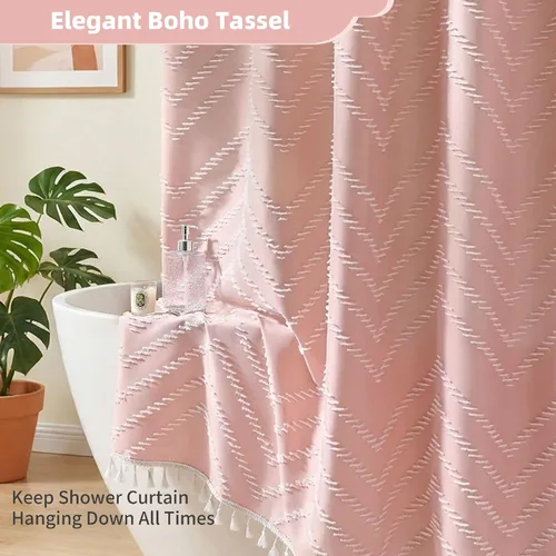 Miniatura 4 de Siiluminisoy Cortina de ducha bohemia rosa de tela tejida con borlas blancas, bonita cortina de ducha moderna de granja con textura tufted de A Pink