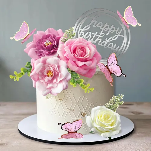 Miniatura 9 de 14 PCS Adornos para Pasteles de Flores Decoraciones de Pastel de Mariposa Adornos para Pastel de Feliz Cumpleaños con Flores de Rosa Rosa