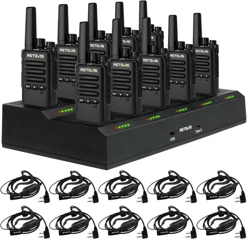 Retevis Walkie Talkies RT68B para adultos de largo alcance, botón pulsador, cargador de 10 vías y auriculares, carga más fácil y segura, radios