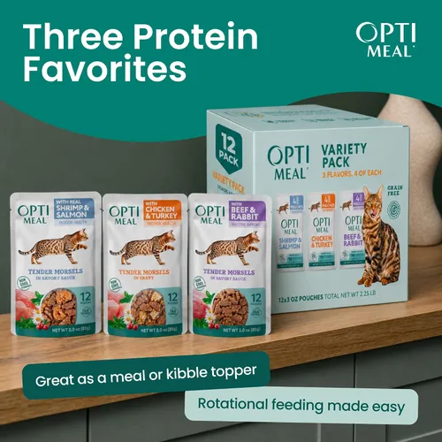 Miniatura 7 de Optimeal Paquete variado de alimentos húmedos para gatos, bocados tiernos sin granos, nutrición premium alta en proteínas hecha con ingredientes